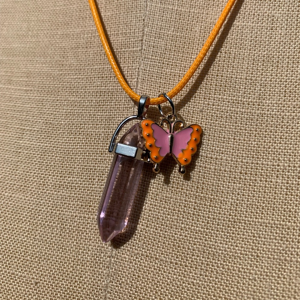 Handmade Dagger Light Pink Resin Crystal Amulet Necklace & Butterfly Charm - Picture 5 of 9